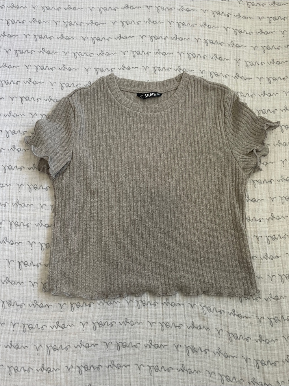 SHEIN Grey Ribbed Short Sleeve Tee with Lettuce Edges